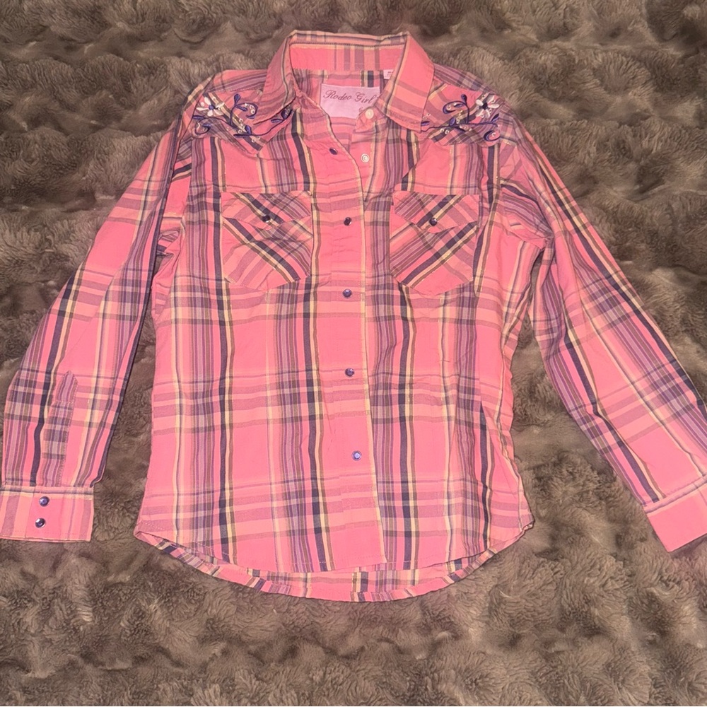 Vibrant Pink and Purple Button Down Shirt with Plaid Pattern